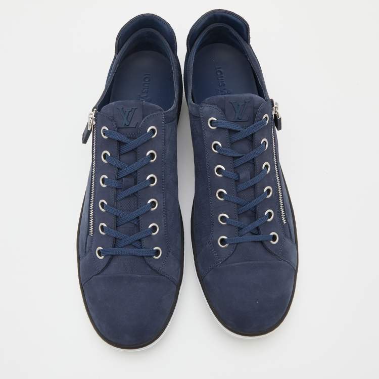 Pre Owned Louis Vuitton Blue Damier Nubuck Leather and Suede Adventure Sneakers Size 45.5