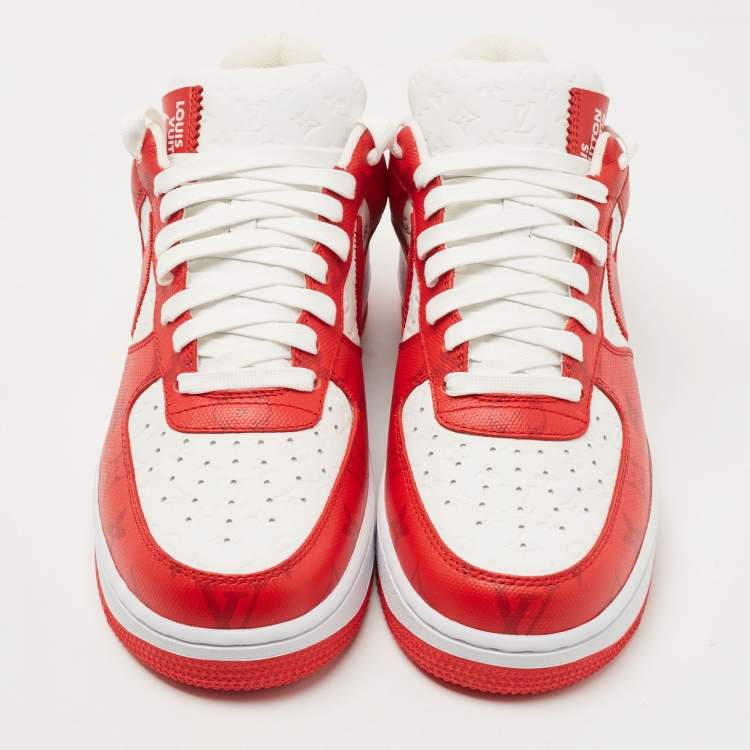 Pre Owned Louis Vuitton x Nike Red/White Monogram Canvas and Leather Air Force 1 Sneakers Size 41