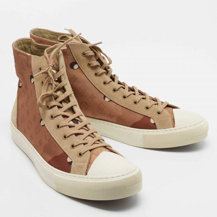 Pre Owned Louis Vuitton Brown/Beige Suede and Canvas High Top Sneakers Size 46