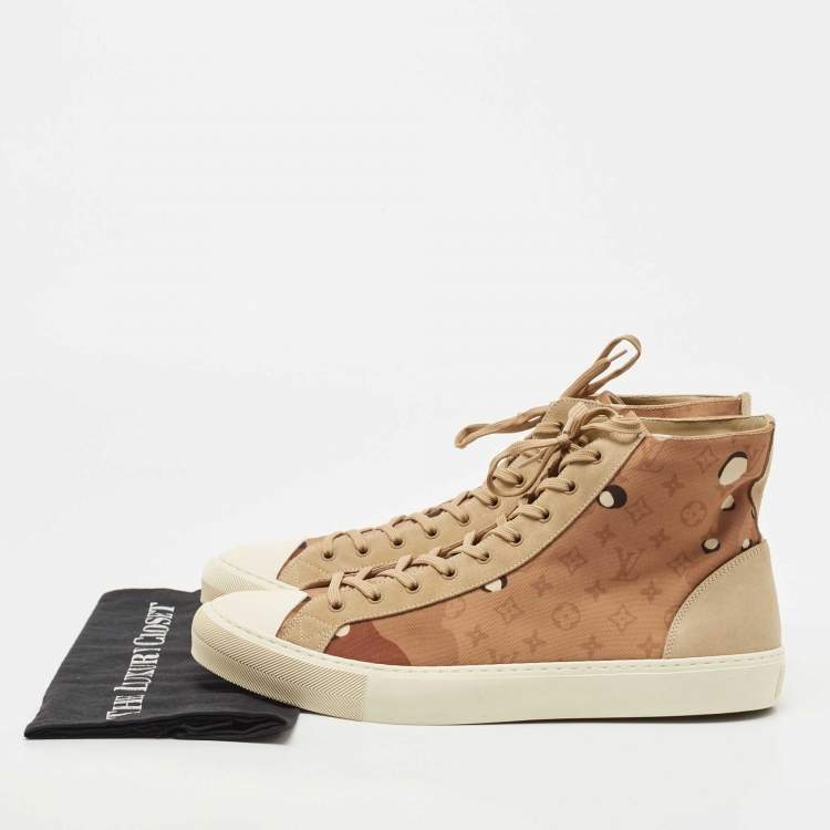 Pre Owned Louis Vuitton Brown/Beige Suede and Canvas High Top Sneakers Size 46