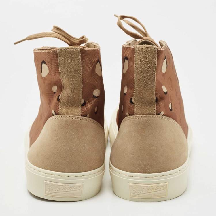 Pre Owned Louis Vuitton Brown/Beige Suede and Canvas High Top Sneakers Size 46