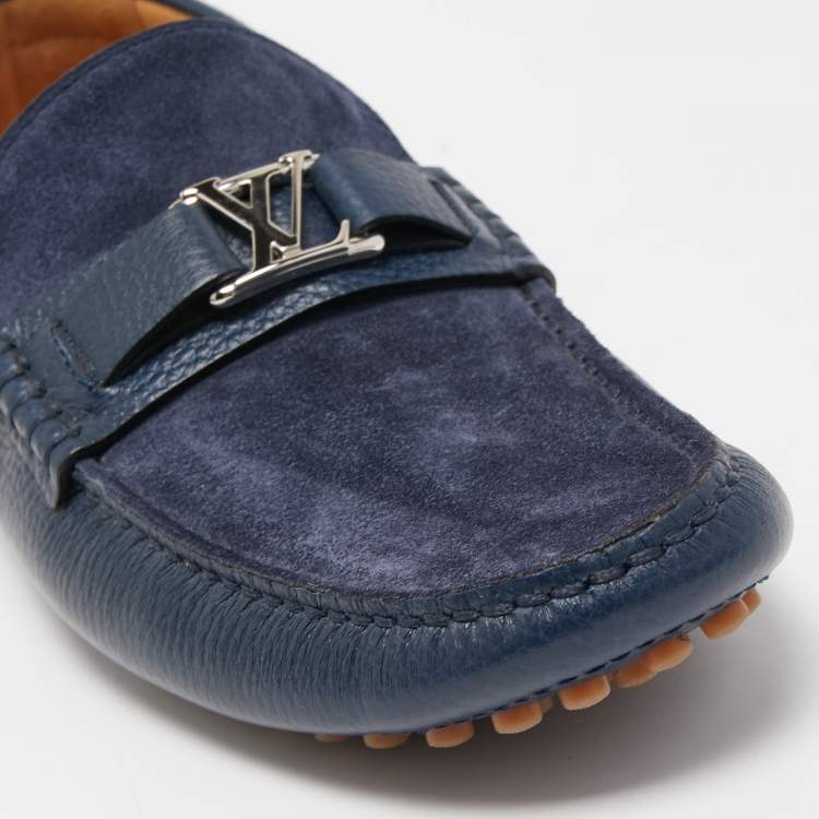 Pre Owned Louis Vuitton Navy Blue Suede and Leather Hockenheim Loafers Size 41