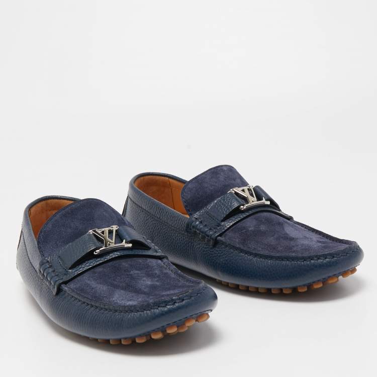 Pre Owned Louis Vuitton Navy Blue Suede and Leather Hockenheim Loafers Size 41