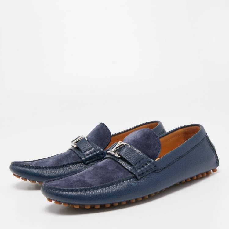 Pre Owned Louis Vuitton Navy Blue Suede and Leather Hockenheim Loafers Size 41