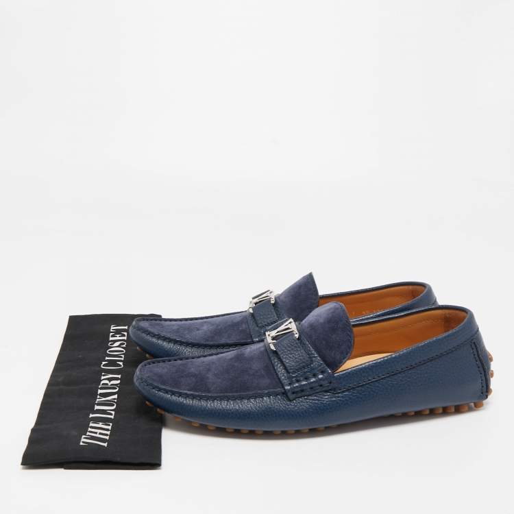 Pre Owned Louis Vuitton Navy Blue Suede and Leather Hockenheim Loafers Size 41