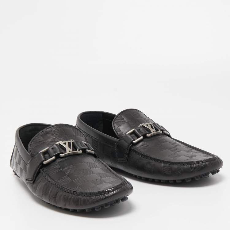 Pre Owned Louis Vuitton Black Leather Damier Ebene Leather Hockenheim Loafers Size 41