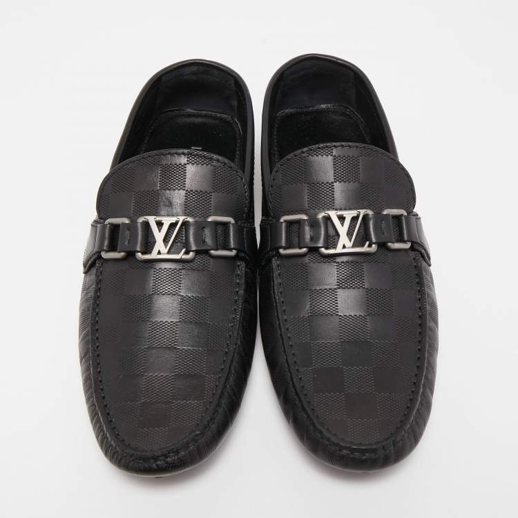 Pre Owned Louis Vuitton Black Leather Damier Ebene Leather Hockenheim Loafers Size 41