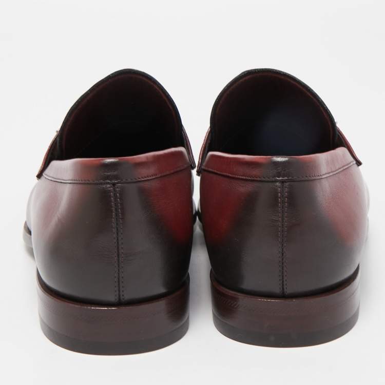 Pre Owned Louise Vuitton Burgundy/Black Leather Slip On Loafers Size 41