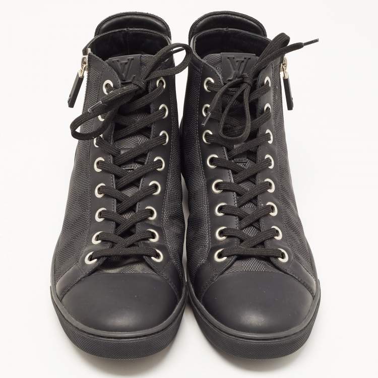 مملوكة مسبقًا Louis Vuitton Black Damier Graphite Nylon and Suede Trim Zip Up High Top Sneakers Size 43