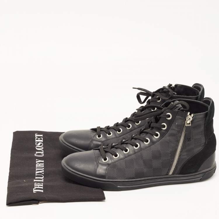 مملوكة مسبقًا Louis Vuitton Black Damier Graphite Nylon and Suede Trim Zip Up High Top Sneakers Size 43