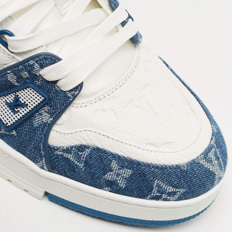 Pre Owned Louis Vuitton Blue/White Leather and Denim LV Trainer Sneakers Size 44