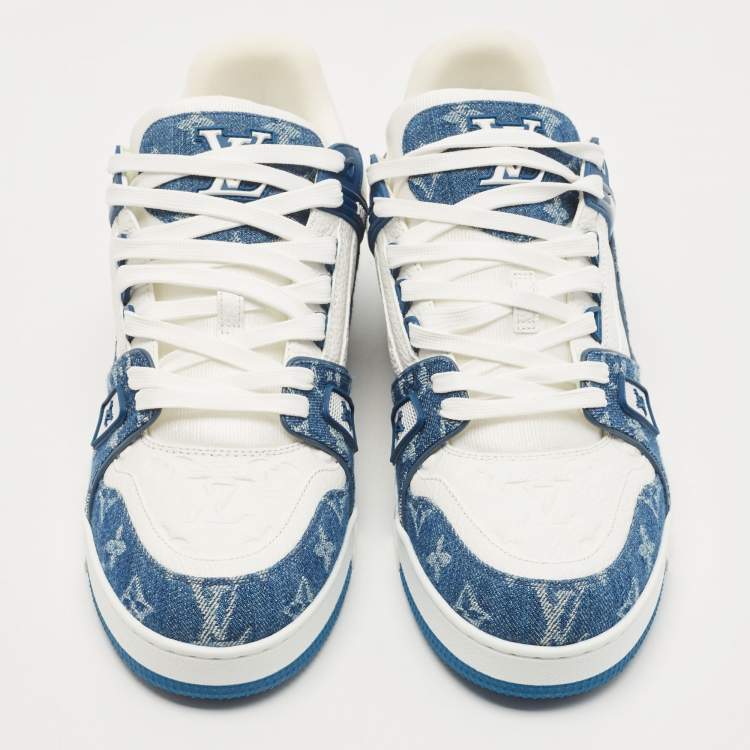Pre Owned Louis Vuitton Blue/White Leather and Denim LV Trainer Sneakers Size 44