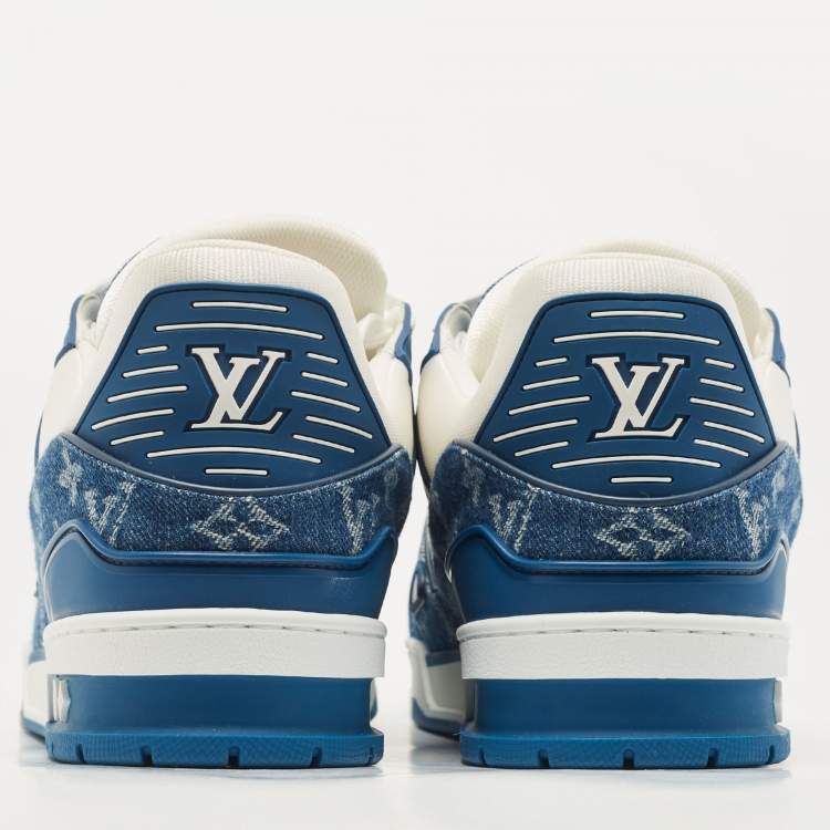 Pre Owned Louis Vuitton Blue/White Leather and Denim LV Trainer Sneakers Size 44