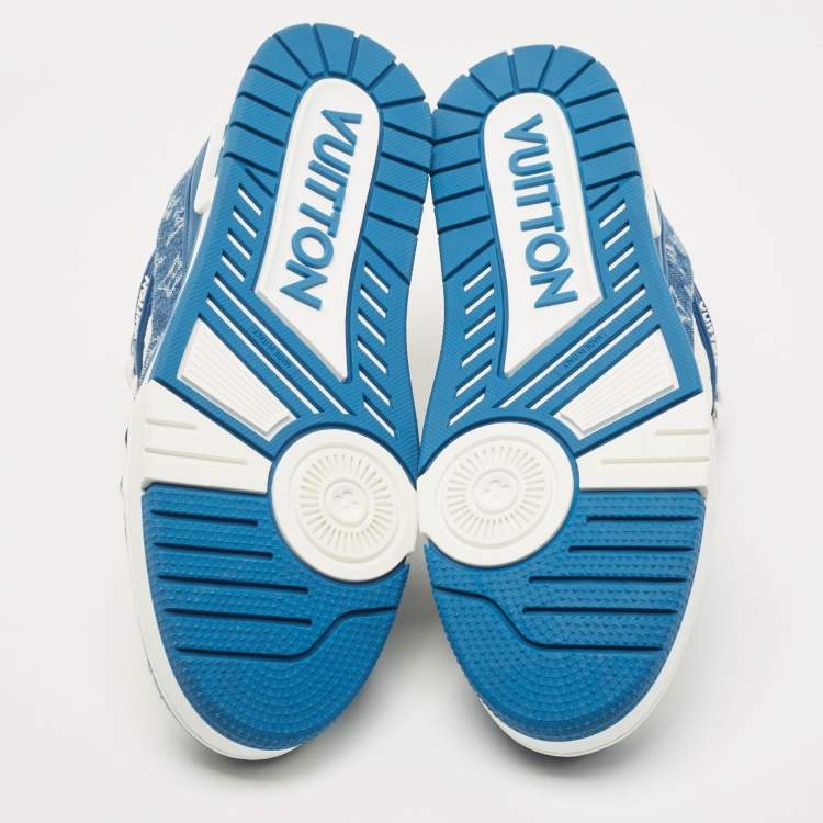 Pre Owned Louis Vuitton Blue/White Leather and Denim LV Trainer Sneakers Size 44