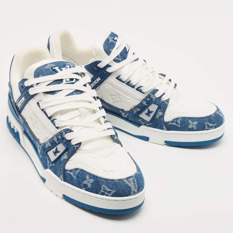 Pre Owned Louis Vuitton Blue/White Leather and Denim LV Trainer Sneakers Size 44
