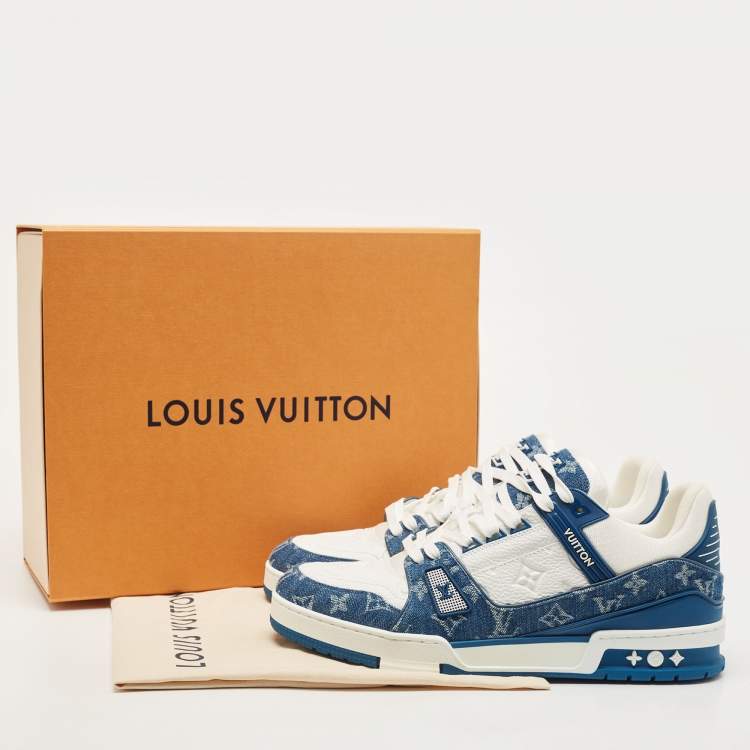 Pre Owned Louis Vuitton Blue/White Leather and Denim LV Trainer Sneakers Size 44