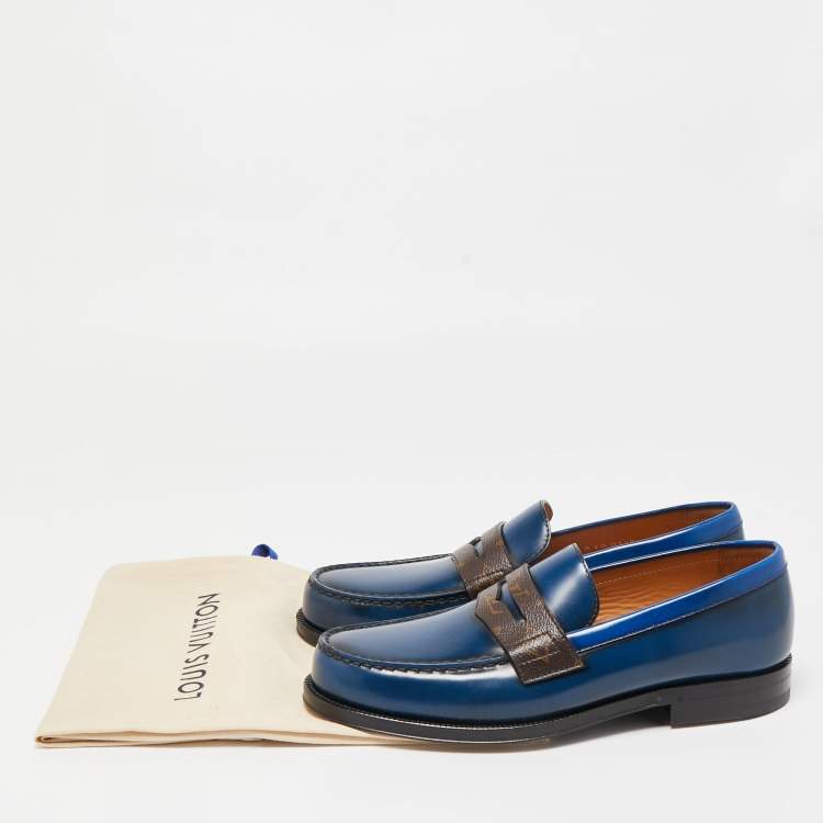 Pre Owned Louis Vuitton Navy Blue/Brown Monogram Canvass and  Leather Loafers Size 40