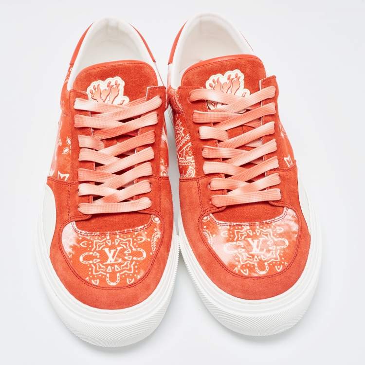 Pre Owned Louis Vuitton Red Monogram Canvas And Suede Ollie Low Top Sneakers Size 42