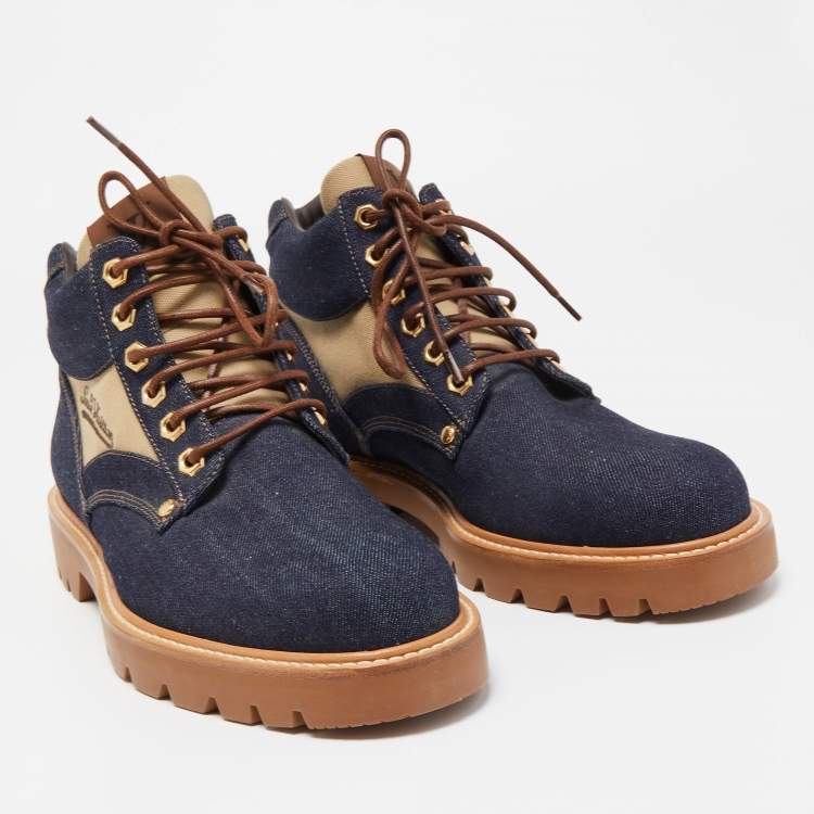 Pre Owned Louis Vuitton Navy Blue Denim Combat Boots Size 41