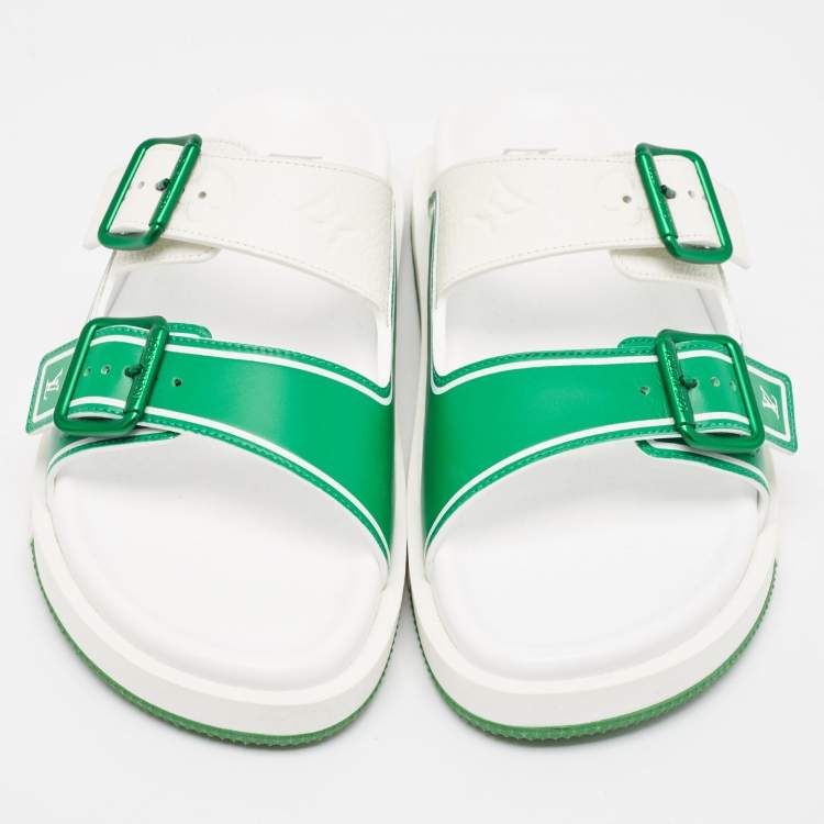 Pre Owned Louis Vuitton White/Green Monogram Embossed Leather LV Trainer Sandals Size 41