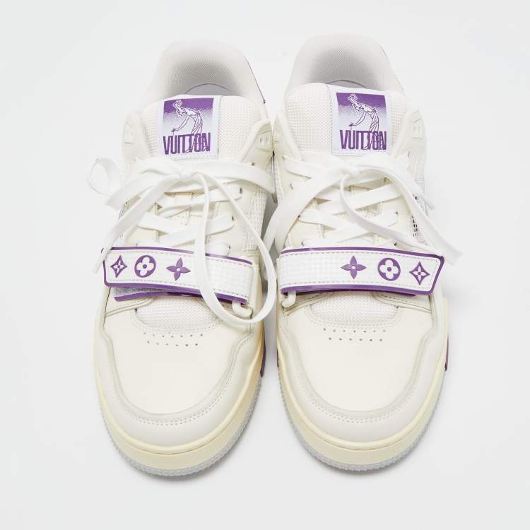 Pre Owned Louis Vuitton White/Purple Leather and Mesh LV Trainer Sneakers Size 41