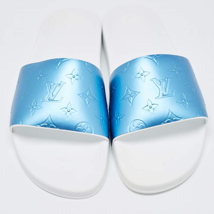 Pre Owned Louis Vuitton Blue/Grey Rubber Flat Slides Size 45