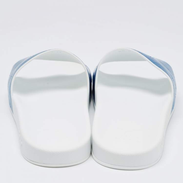 Pre Owned Louis Vuitton Blue/Grey Rubber Flat Slides Size 45