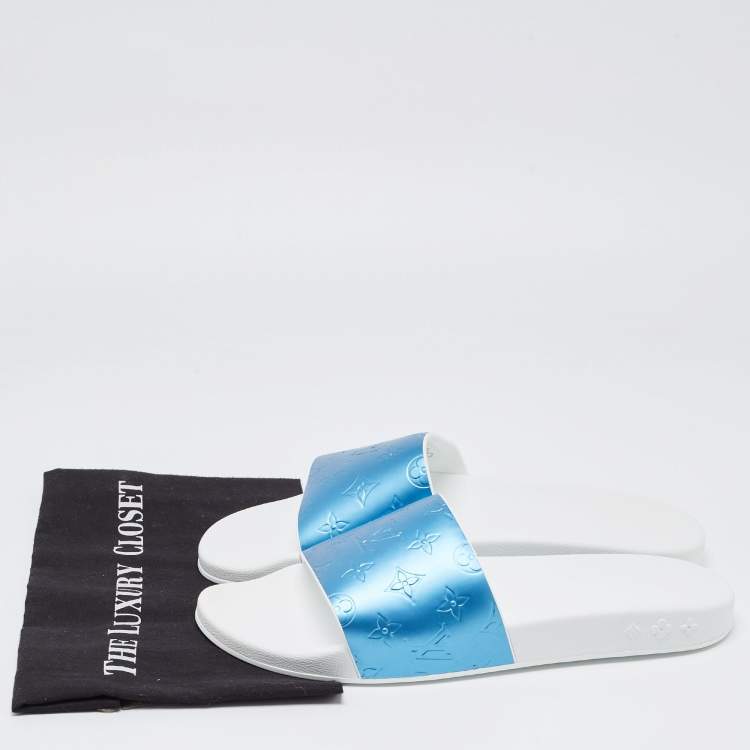 Pre Owned Louis Vuitton Blue/Grey Rubber Flat Slides Size 45