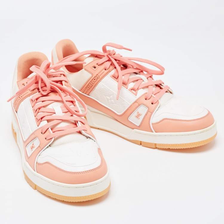 Pre Owned Louis Vuitton Orange/White Leather and Fabric Trainer Sneakers Size 41