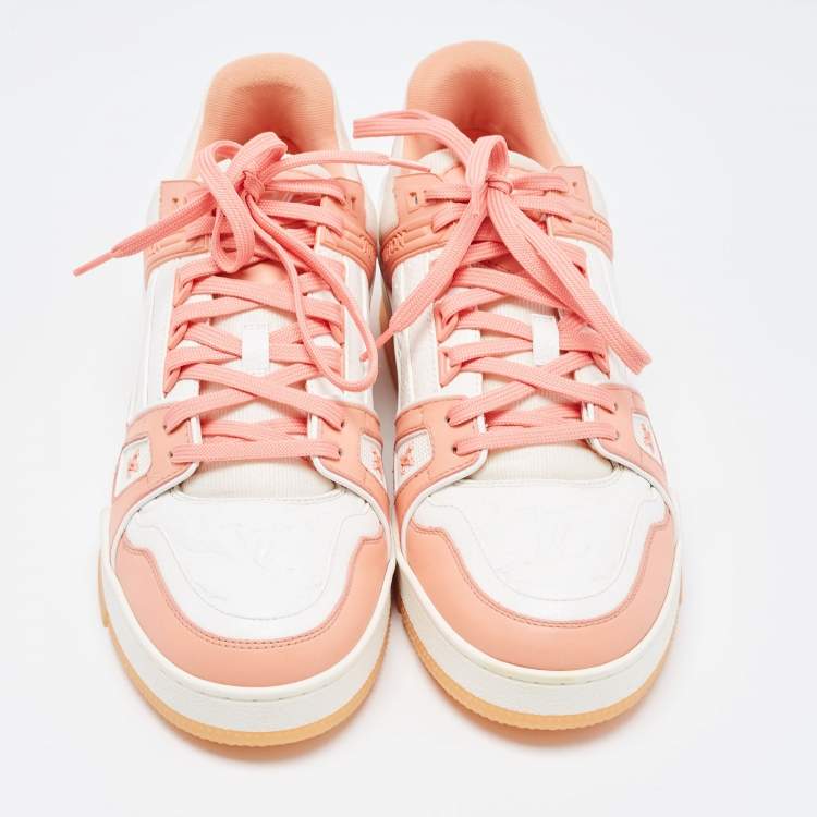 Pre Owned Louis Vuitton Orange/White Leather and Fabric Trainer Sneakers Size 41