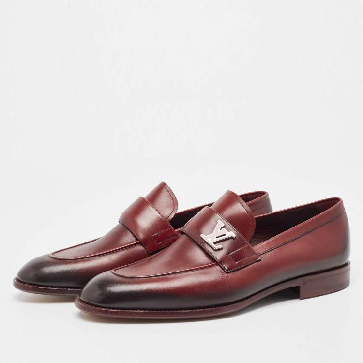 Pre Owned Louise Vuitton Burgundy/Black Leather Slip On Loafers Size 41