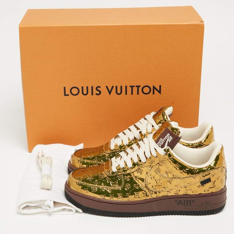 Pre Owned Louis Vuitton x Nike Metallic Gold Monogram Leather Air Force 1 Sneakers Size 41