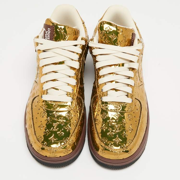 Pre Owned Louis Vuitton x Nike Metallic Gold Monogram Leather Air Force 1 Sneakers Size 41