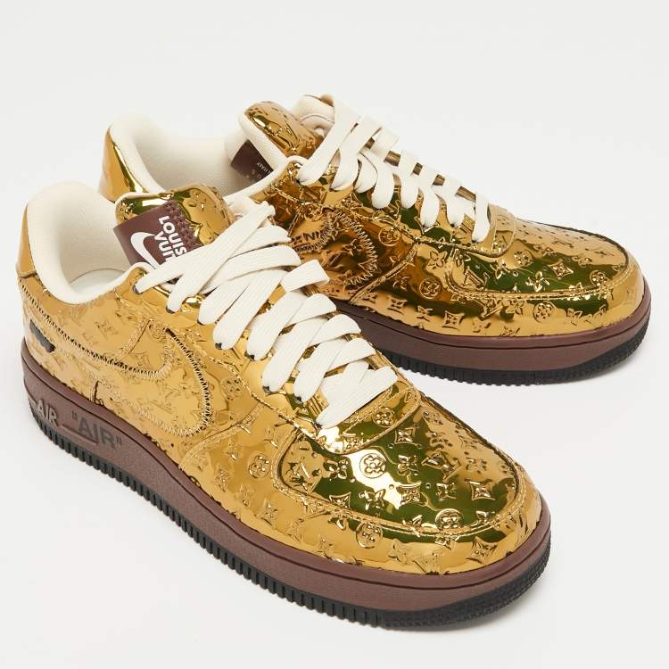 Pre Owned Louis Vuitton x Nike Metallic Gold Monogram Leather Air Force 1 Sneakers Size 41