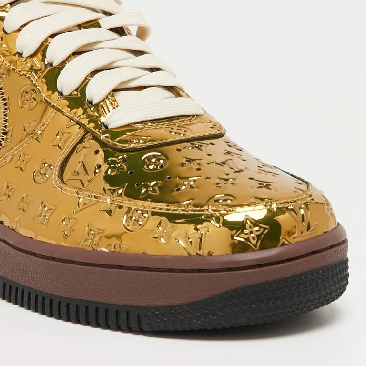 Pre Owned Louis Vuitton x Nike Metallic Gold Monogram Leather Air Force 1 Sneakers Size 41