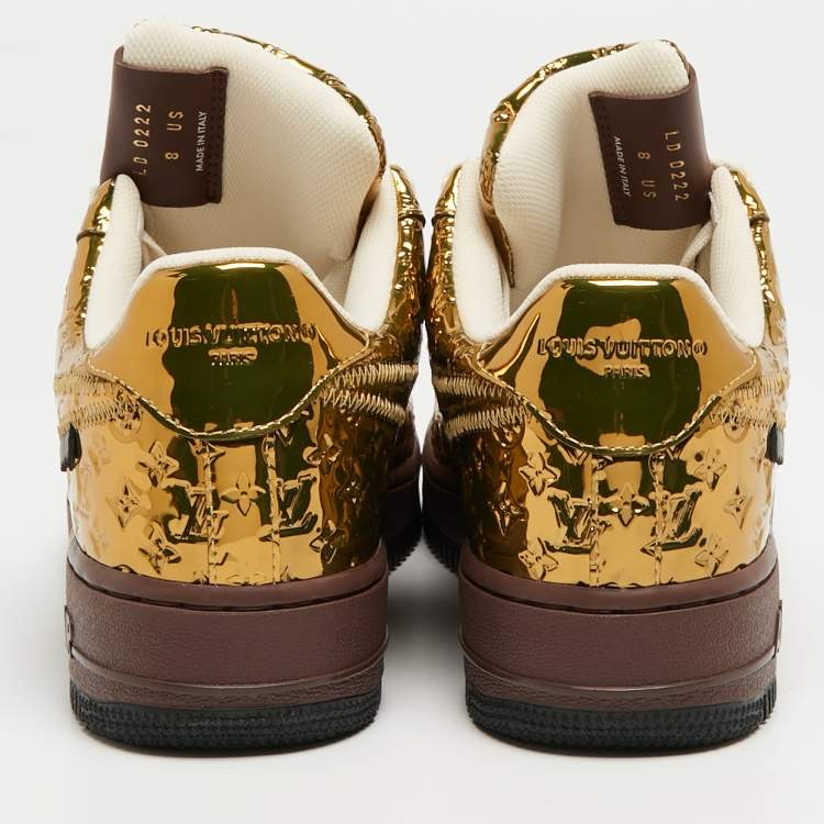Pre Owned Louis Vuitton x Nike Metallic Gold Monogram Leather Air Force 1 Sneakers Size 41