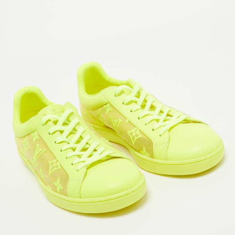 Pre Owned Louis Vuitton Neon Yellow Leather and Monogram Embroidered Mesh Luxembourg Sneakers Size 40