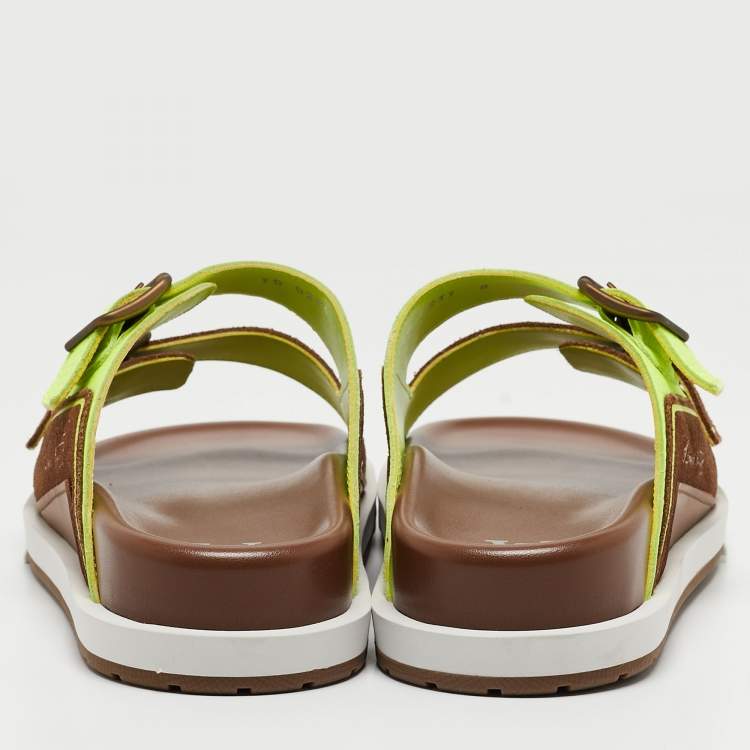 Pre Owned Louis Vuitton Brown/Neon Green Suede and Leather LV Trainer Mules Size 42
