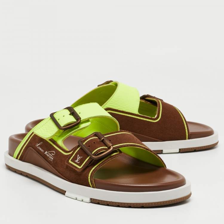 Pre Owned Louis Vuitton Brown/Neon Green Suede and Leather LV Trainer Mules Size 42