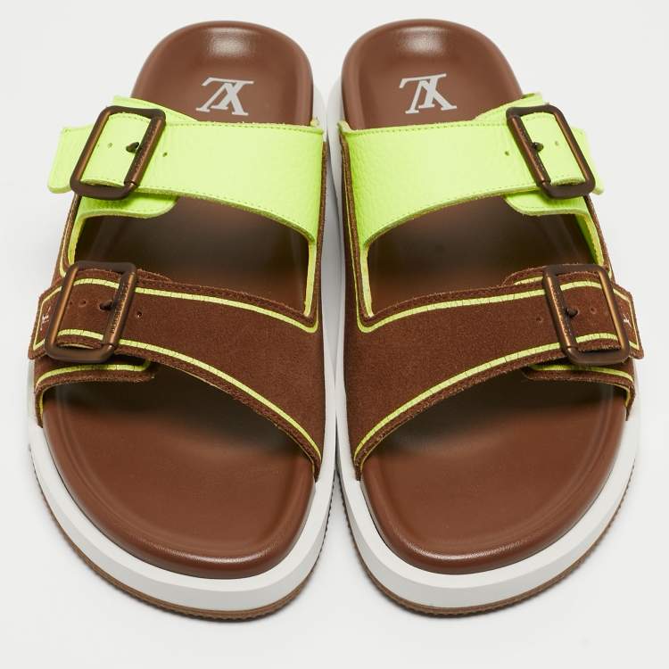 Pre Owned Louis Vuitton Brown/Neon Green Suede and Leather LV Trainer Mules Size 42