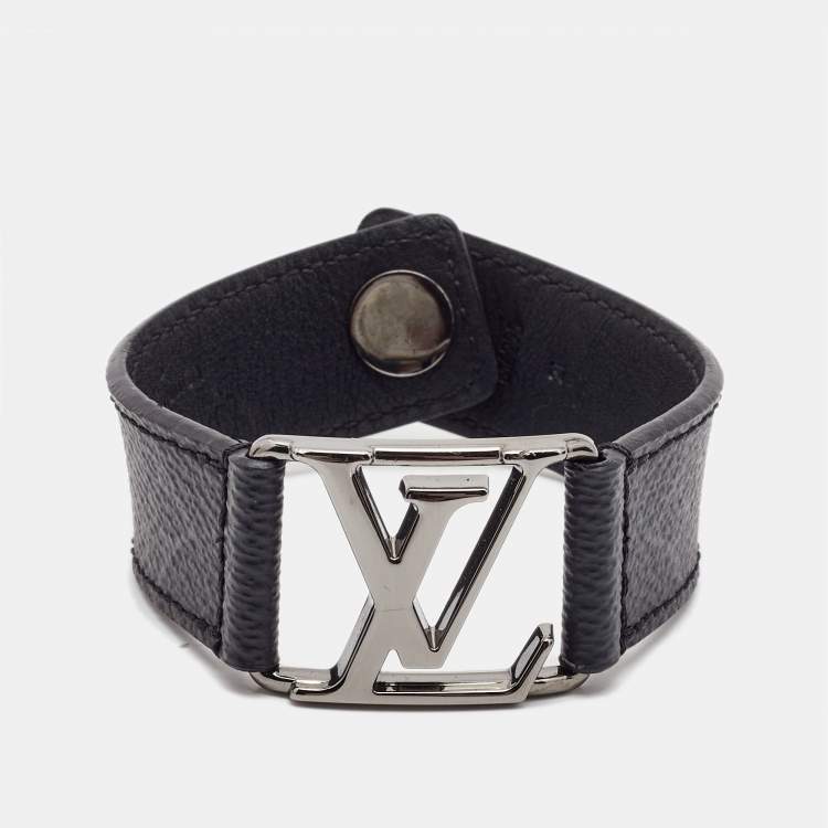 Pre Owned  Louis Vuitton Monogram Eclipse Hockenheim Leather Gunmetal Tone Bracelet 21