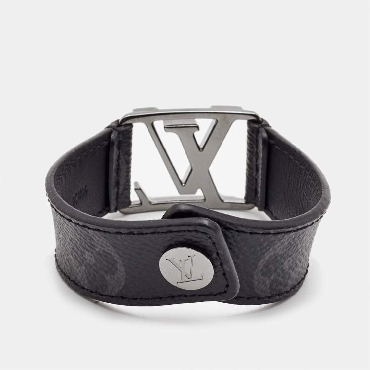 Pre Owned  Louis Vuitton Monogram Eclipse Hockenheim Leather Gunmetal Tone Bracelet 21
