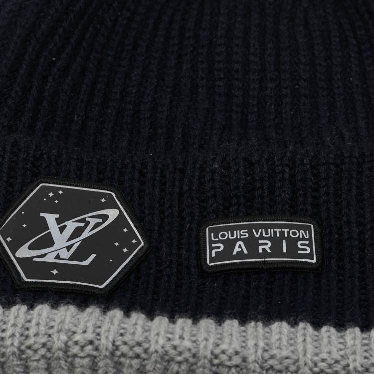 Pre Owned Louis vuitton Navy Blue Logo Applique Wool Rib Knit Beanie