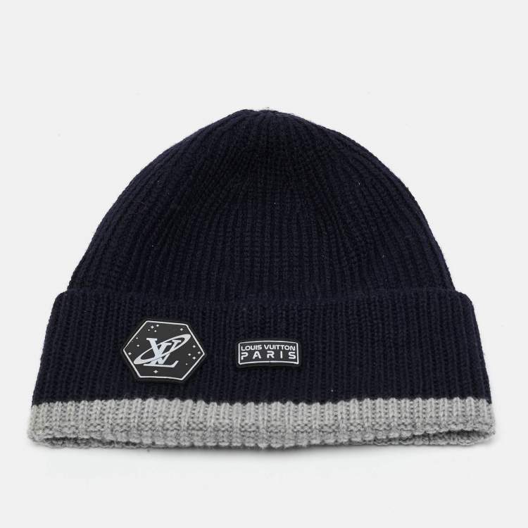 Pre Owned Louis vuitton Navy Blue Logo Applique Wool Rib Knit Beanie