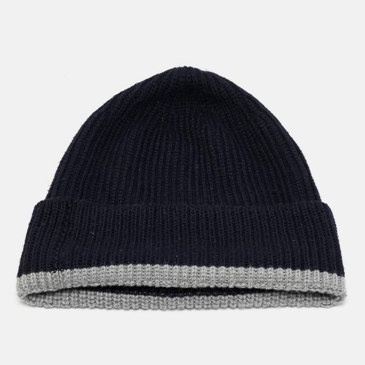 Pre Owned Louis vuitton Navy Blue Logo Applique Wool Rib Knit Beanie