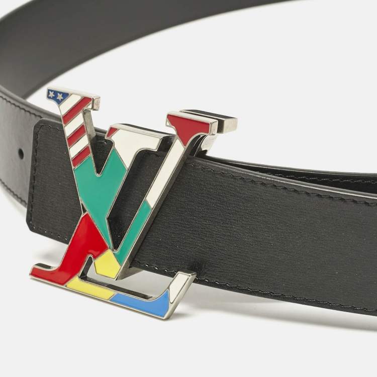 Pre Owned Louis Vuitton Black Leather LV Initiales Flags Belt 100CM