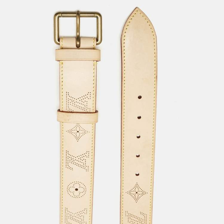 Pre Owned Louis Vuitton Beige Monogram Mahina Vachetta Leather Buckle Belt 105 CM