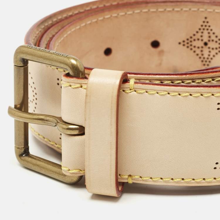 Pre Owned Louis Vuitton Beige Monogram Mahina Vachetta Leather Buckle Belt 105 CM