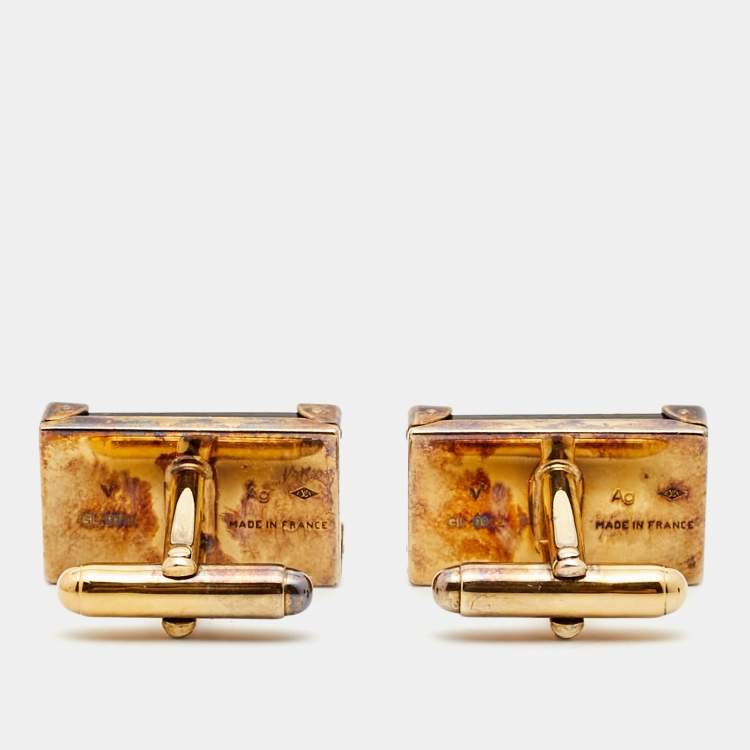 Pre Owned Louis Vuitton Signature Mother of Pearl Gold Tone Sterling Silver Cufflinks