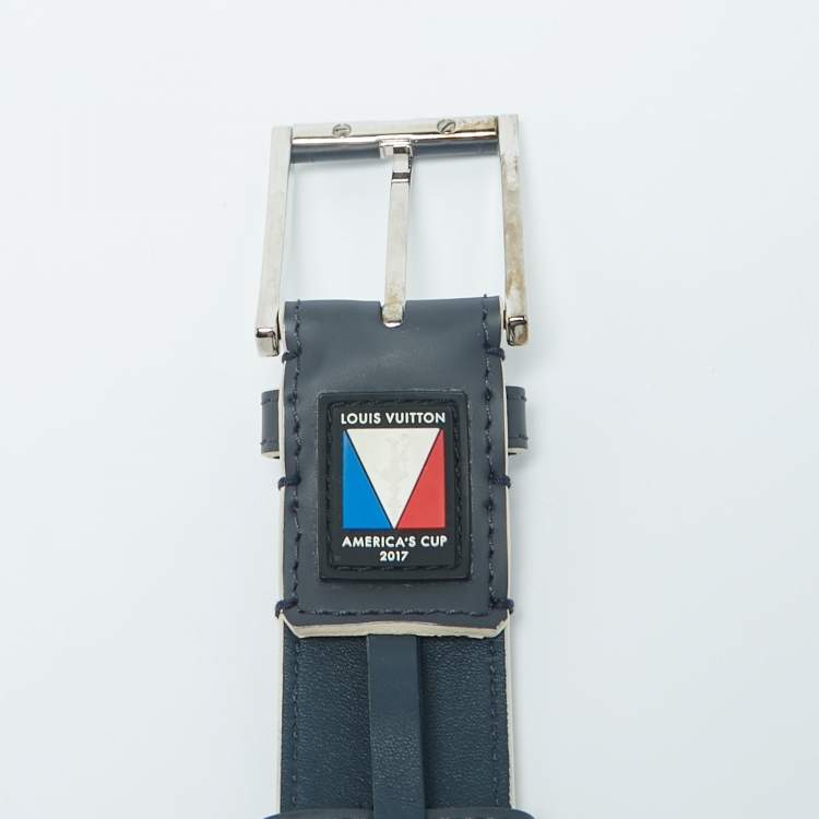 Pre Owned Louis Vuitton Navy Blue Leather America's Cup Belt 95 CM